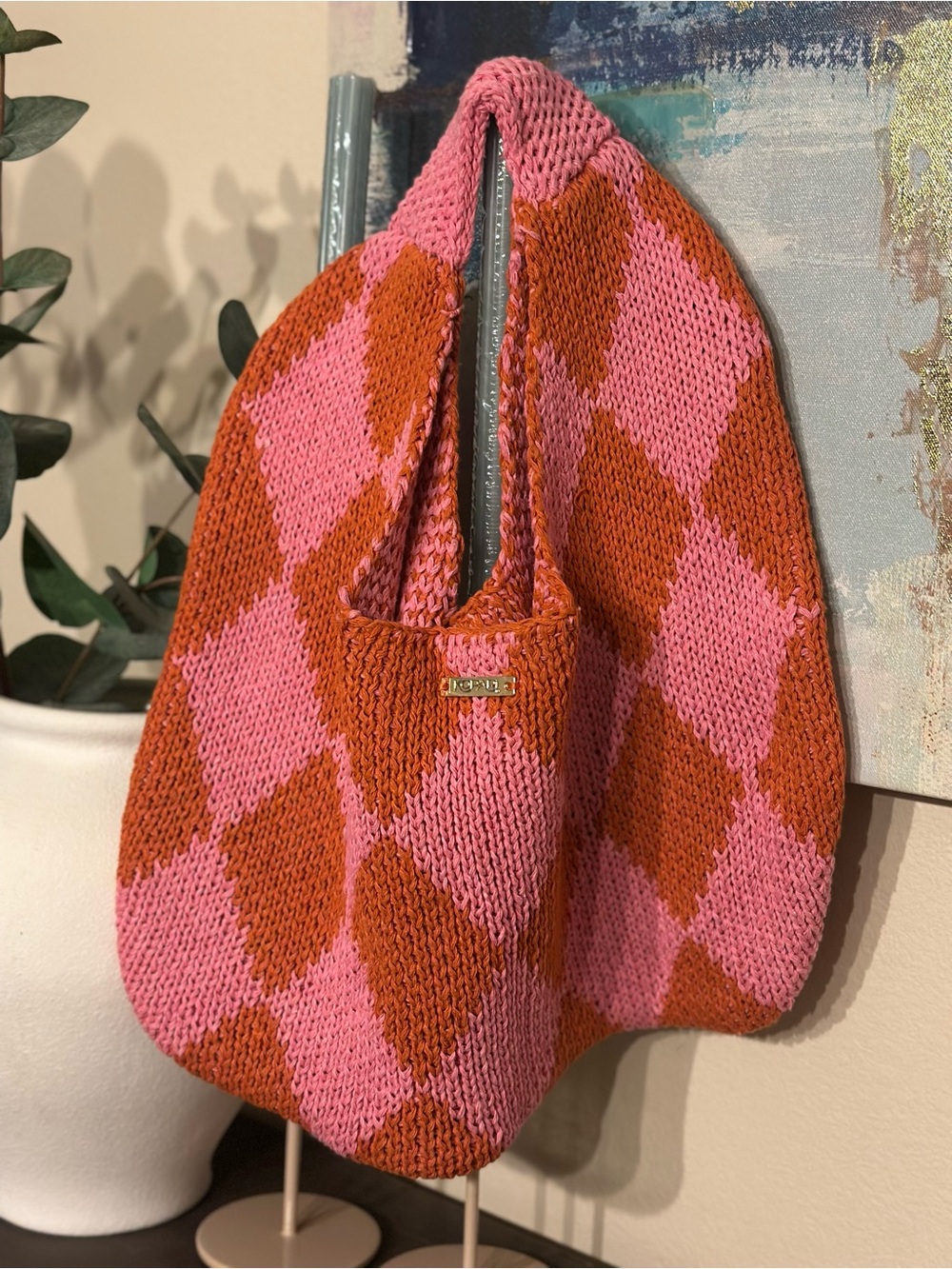 Kopari Handknit Pink & Orange Diamond Tote Bag